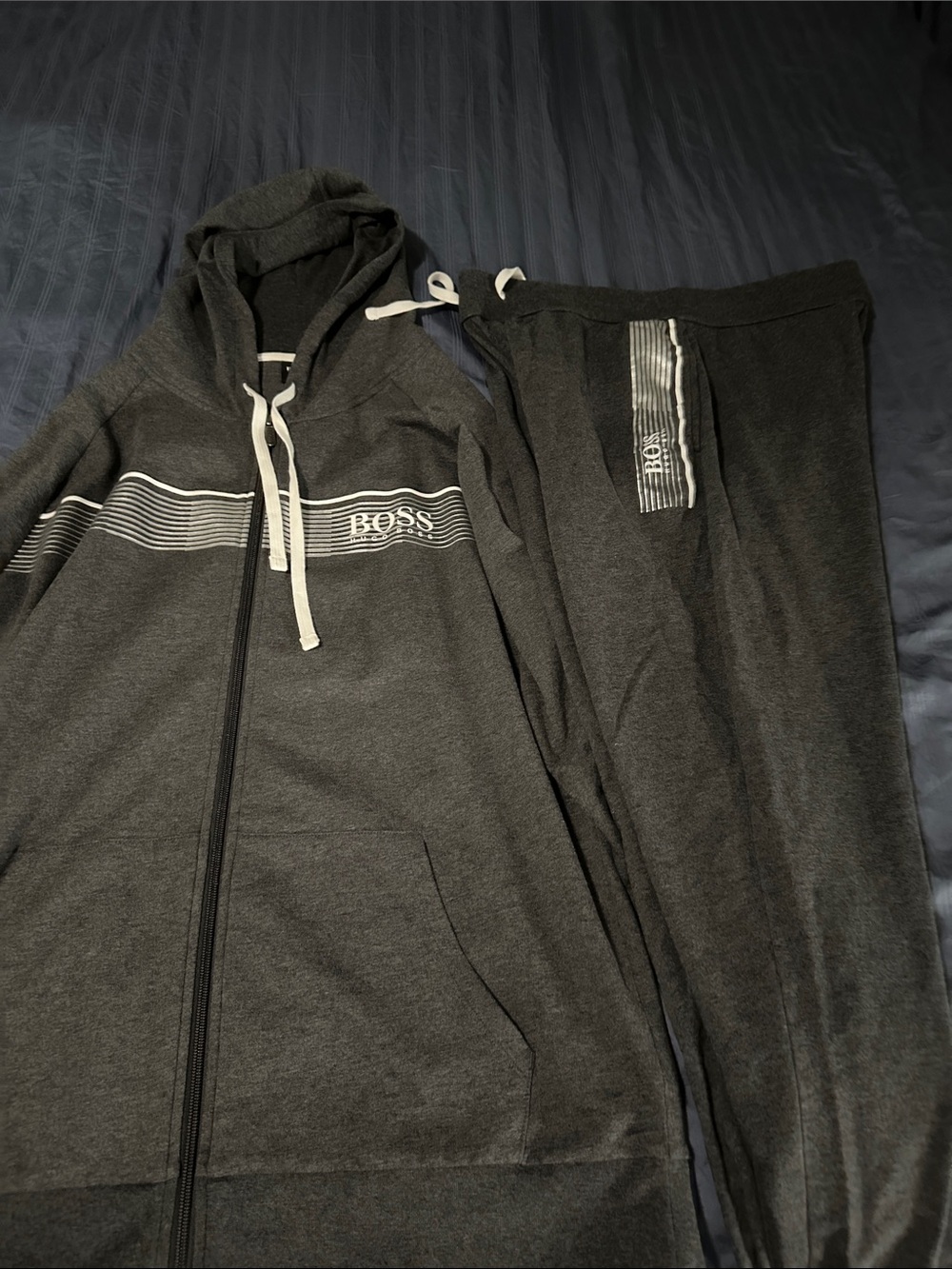 Boss Dark Gray Zip Hoodie & Sweatpants Set with White Accents!